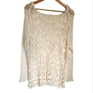 Vintage Creme crochet boho longsleeve hooded cottagecore top